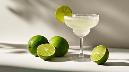 photorealistic margarita cocktail glass with fresh limes on white table