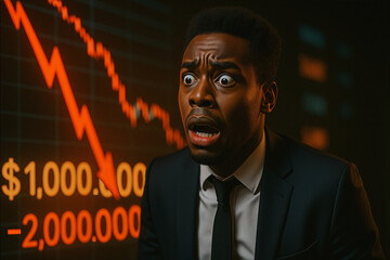 Executivo da bolsa de valores desesperado pela queda do mercado financeiro entra em panico com gr&aacute;ficos ao fundo