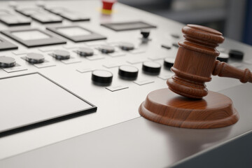 Wooden Gavel Resting on a Control Panel in a Professional Setting