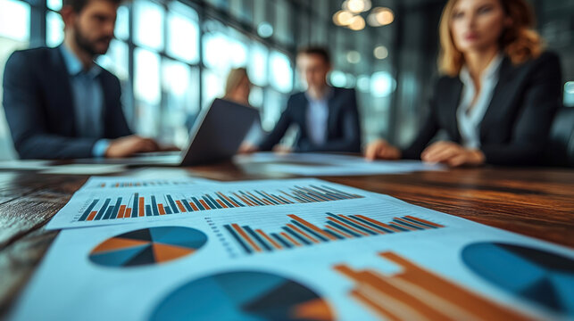 Business team meeting with focus on financial charts diverse professionals analyzing data modern office teamwork strategy planning growth success collaboration confident atmosphere