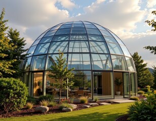 modern glass dome architecture with temperature regulating features including insulated double glass layers ventilation openings reflective surfaces and shading devices balancing warmth and cooling fo
