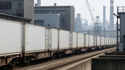 Fototapeta premium Freight train transporting containers in industrial setting with cranes