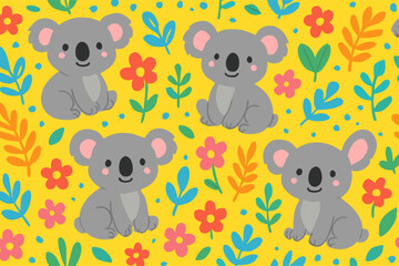 Cute koala pattern with flowers and leaves on a bright yellow background