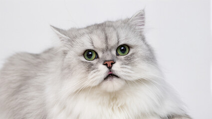 A close-up portrait of a fluffy, gray cat with striking green eyes and a slightly open mouth. The cat's curious and slightly surprised expression is captured against a clean, white background.