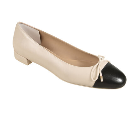 Women&rsquo;s white ballet ballerina flat shoe with bow, glossy patent leather finish, stylish and comfortable footwear for casual and formal wear, transparent background.