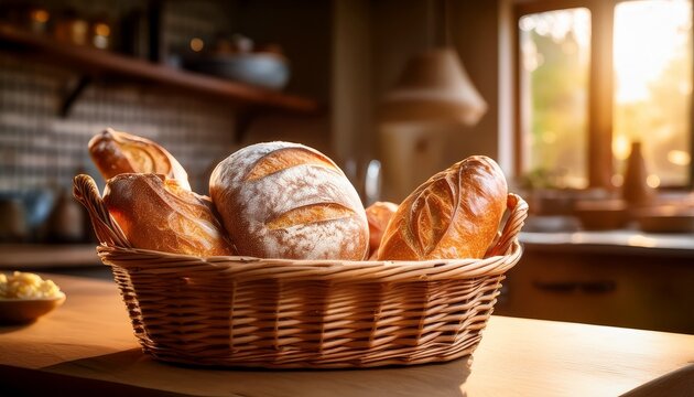 a basket filled with freshly baked artisanal bread on a kitchen counter rustic and inviting food styling warm light