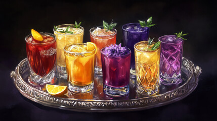 Colorful cocktail assortment artfully displayed on a vintage silver serving tray creating an