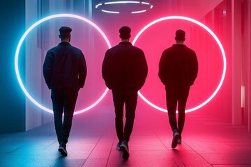 Three individuals walking away in a modern urban setting, illuminated by vibrant neon circles, creating a striking visual contrast and a sense of mystery and intrigue