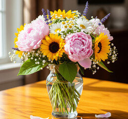 Buket bunga matahari, peony, dan aster yang semarak dalam vas kaca yang elegan, cerah