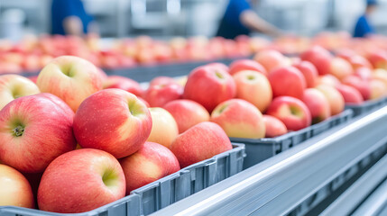 Fresh red apples are neatly arranged in plastic crates on a conveyor belt in a modern packing facility, showcasing the vibrant colors and textures of the fruit