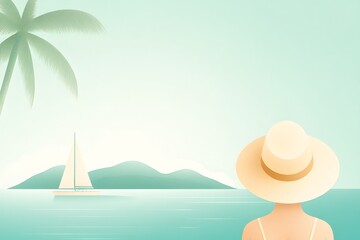 Woman in a wide-brimmed hat gazes at a serene seascape with a sailboat and distant mountains, evoking a sense of tranquility and escape in a tropical paradise