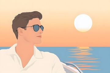 Young man in sunglasses enjoying a serene sunset on a boat, with calm waters reflecting warm colors, creating a tranquil atmosphere of relaxation and leisure