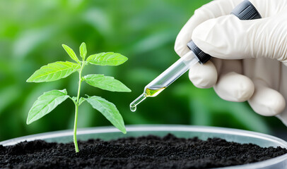 Hand in glove applying liquid fertilizer dropper to young plant in soil, showcasing sustainable agriculture practices for soil health. soil analysis, sustainable development, fertilization,