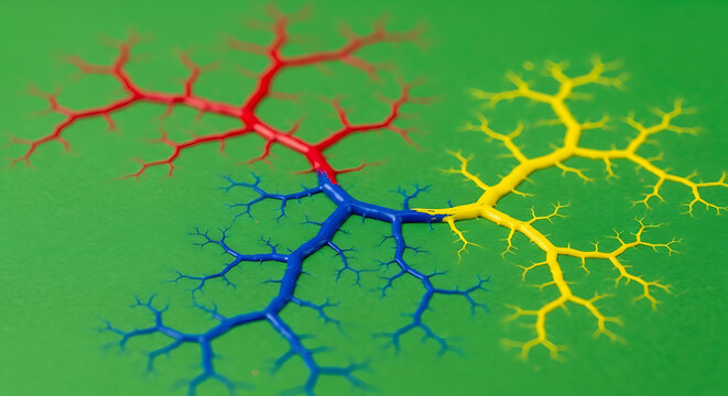 Abstract fractal branching structure in red, blue, and yellow on a vibrant green background.