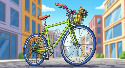 Fototapeta premium Illustration of a green bike with a city background