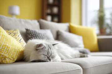 fluffy cat lounging on cozy sofa surrounded by colorful cushions blissfully content