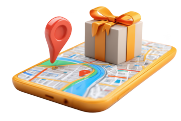 Gift delivery concept with map on phone, showing location pin
