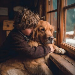 Therapy golden retriever comforting sad child in mountain cabin, emotional support pet, healing presence