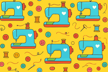 Delightful Seamless Pattern of Cute Sewing Machines and Crafting Accessories