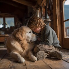 Therapy golden retriever comforting sad child in mountain cabin, emotional support pet, healing presence