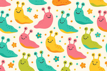 Colorful, Smiling Cartoon Slugs and Flowers Seamless Pattern for Design