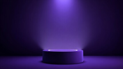 A cylindrical platform in a purple hue, illuminated by a spotlight on a dark background