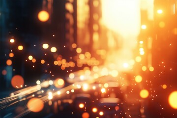 A glowing urban scene at night, with soft-focus city lights, cars trailing in blurred motion, and the silhouette of tall buildings casting a warm, abstract glow across the scene.