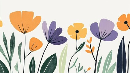 A minimalist illustration of orange and purple flowers with green leaves on a white background, featuring clean lines and a modern aesthetic.