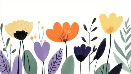 Colorful, stylized flowers and leaves in shades of yellow, orange, purple, green, and black on a white background.