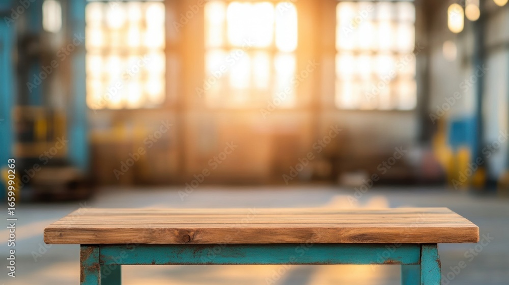 Aufkleber sunlight pours in through windows onto a rustic table in the workshop