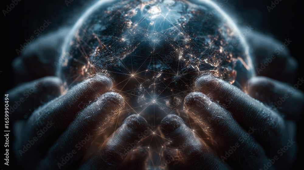Poster Hands cradling a glowing orb with network of lights and connections in a dark setting
