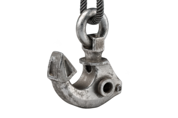 Close-up of industrial metal hook hanging from cable. Heavily used and weathered
