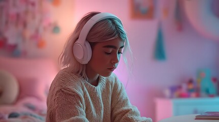 Girl wearing headphones. picture of a teen with noise-canceling headphones in a pastel-drenched pink and mint pastel colors bedroom classroom.