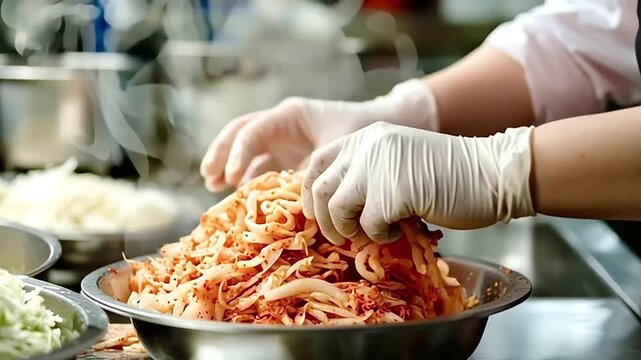 Chef preparing kimchi, korean fermented cabbage dish