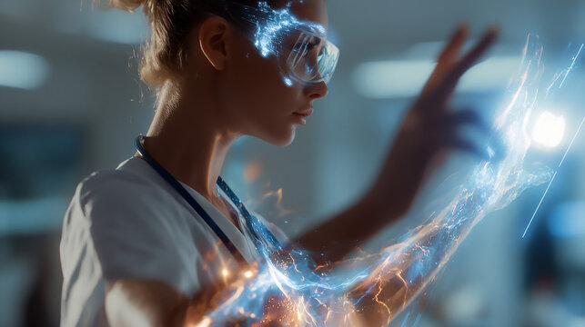 Woman Interacting with Holographic Interface