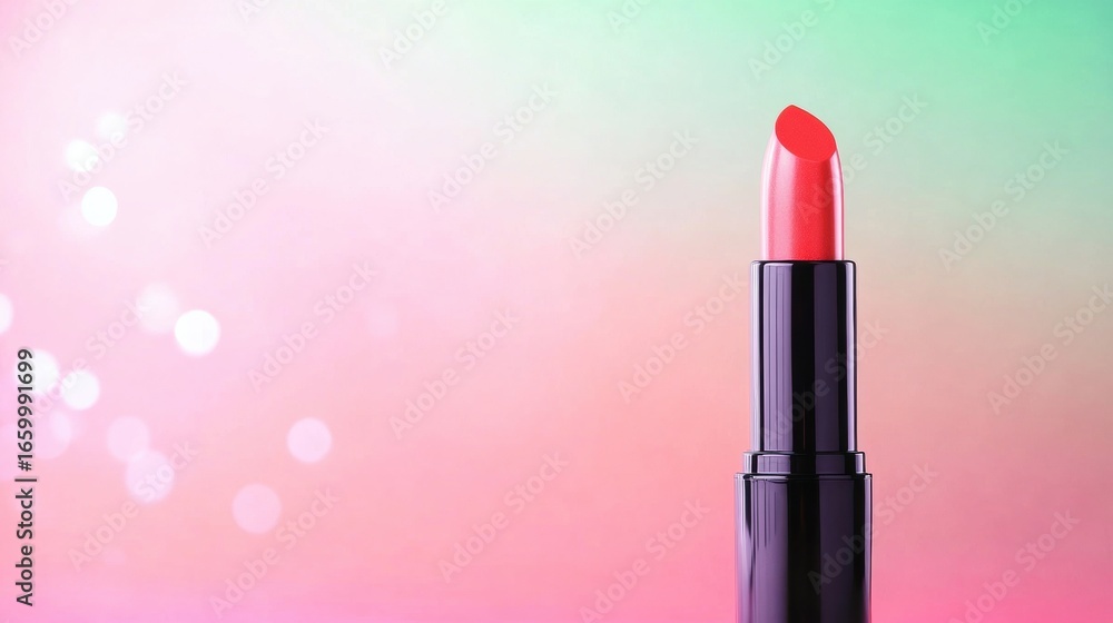 Poster bright red lipstick on a colorful gradient background with bokeh effect