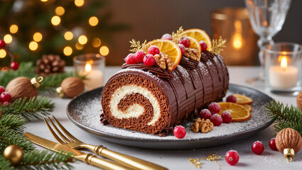 A festive and elegant Bûche de Noël, or Yule log cake, sits on a plate. The rich chocolate cake roll is decorated with fresh cranberries, orange slices, and powdered sugar, with holiday lights.
