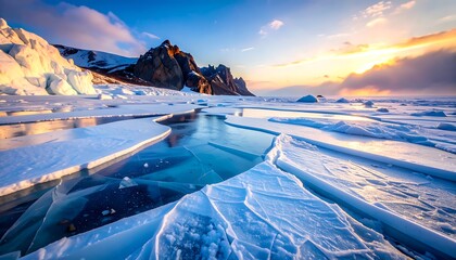 A breathtaking arctic landscape showcases fractured ice sheets reflecting the vibrant sunrise colors over dramatic mountain peaks.