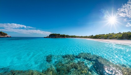 Fototapeta premium crystal clear turquoise waters reflecting the midday sun inviting adventure and serenity in a coastal paradise