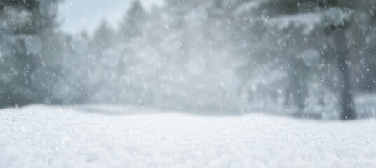 Winter background .Merry Christmas and happy New Year greeting card with copy-space. Christmas landscape with snow and fir trees