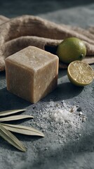Square bar soap with lime slices, sea salt, and neutral cloth on a textured surface