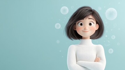 A smiling young woman in a 3D cartoon style, with space for your text or designs. Ideal for designing wallpaper, presentations, banners, flyers, cover pages, landing pages and etc. 