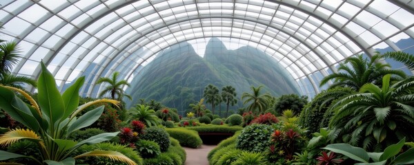 using a glass dome, a rainforest ecosystem can be recreated with artificial rain mist, diverse plant life, and controlled climate to educate visitors about tropical biodiversity and ecosystem balance.