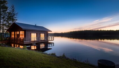 Obraz premium serene cabin at dusk by water with soft glow from windows
