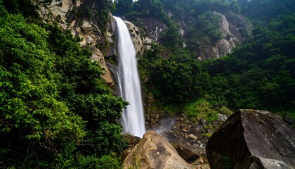 Majestic waterfall cascades down a rocky cliff face, surrounded by lush, vibrant greenery in a serene natural setting.