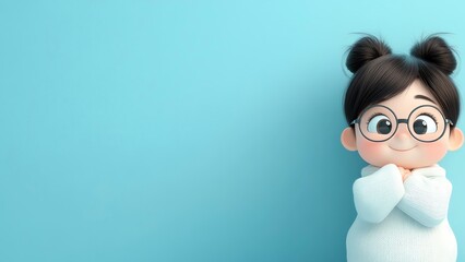 A smiling young woman in a 3D cartoon style, with space for your text or designs. Ideal for designing wallpaper, presentations, banners, flyers, cover pages, landing pages and etc. 