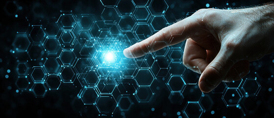 Futuristic hand touching glowing hexagonal digital interface, blue technology network background, innovation and connectivity concept, modern abstract design