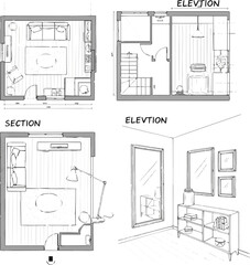 Create a Architectural Drawings vector, decorate living room interior illustration, Minimal style hand drawn. Sections, Elevations, Floor Plan. mirror, frame, jar, lamp, shelf vector art.
