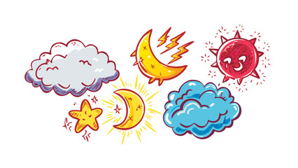 Cartoon weather elements sun moon clouds stars comic
