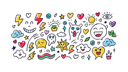 Cheerful doodle characters and symbols cartoon cute